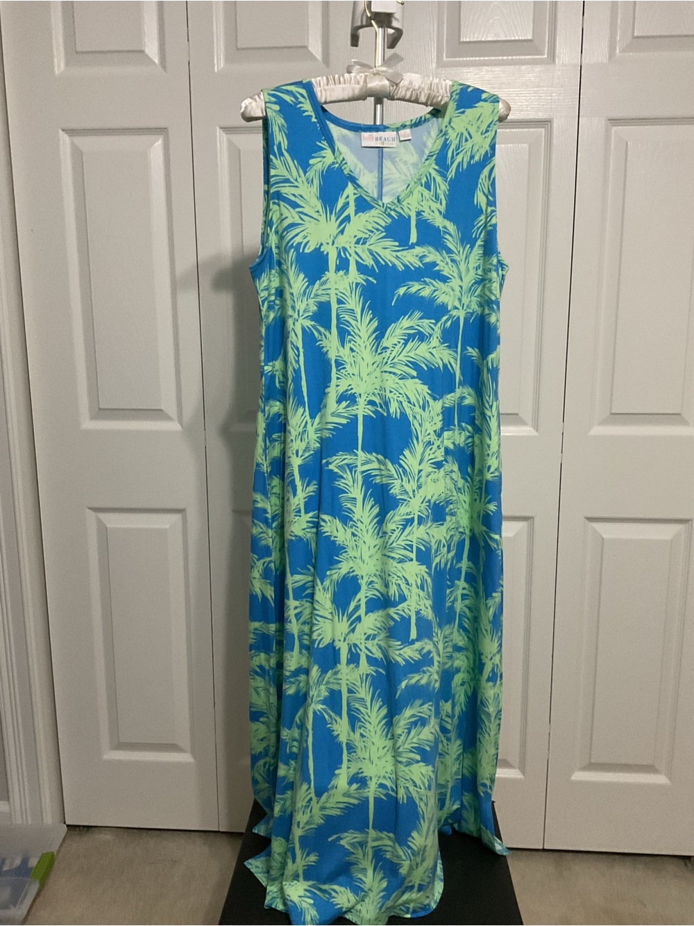 Kim Gravel Sleeveless Maxi Dress with Lime Palm Print on Blue
